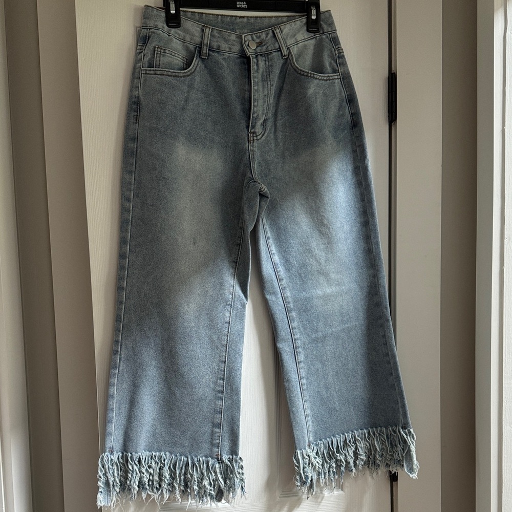 SHEIN Denim Frayed Hem Wide Leg Jeans